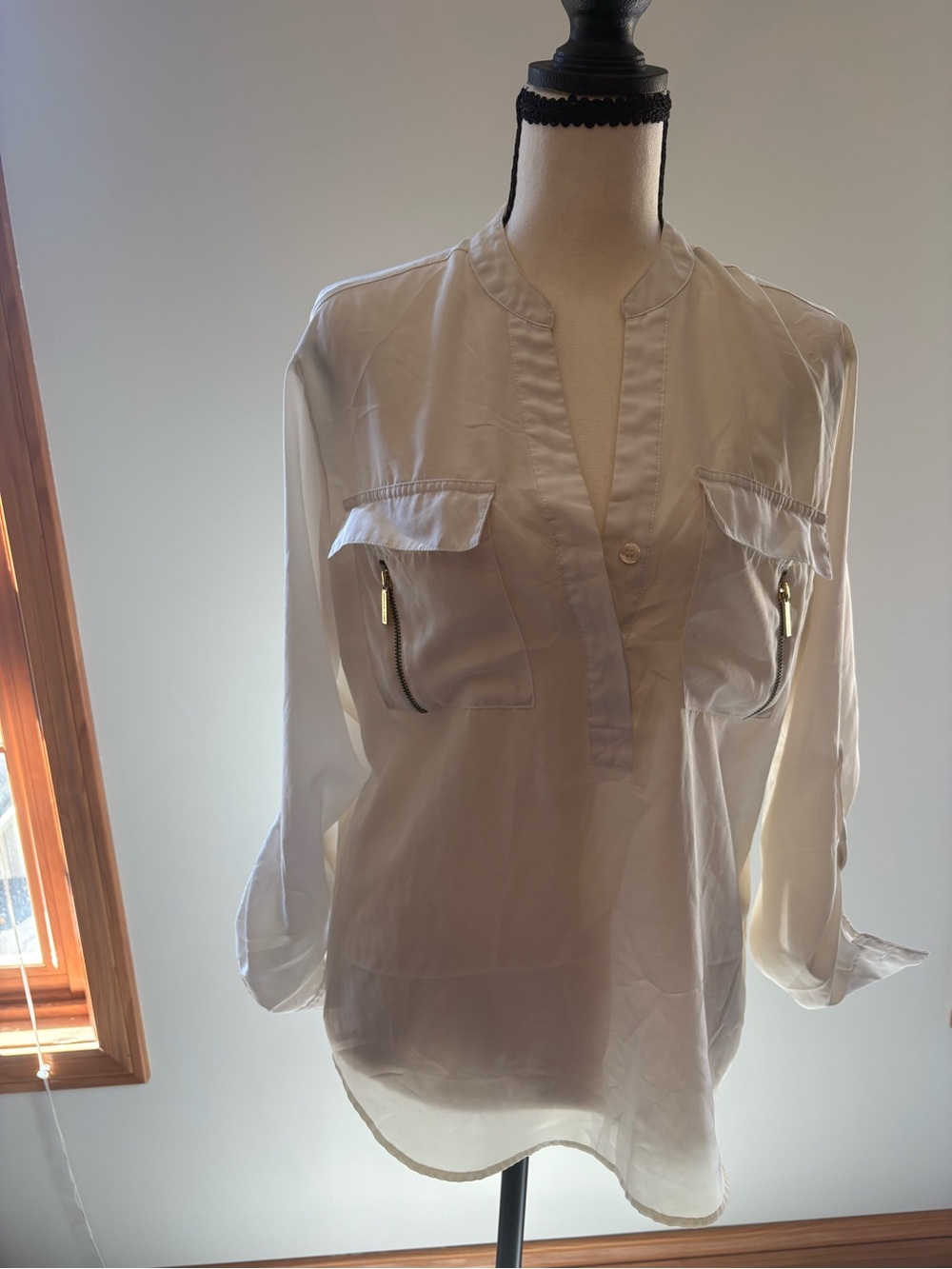 MICHAEL Michael Kors Cream Utility V-Neck Blouse with Zip Pockets